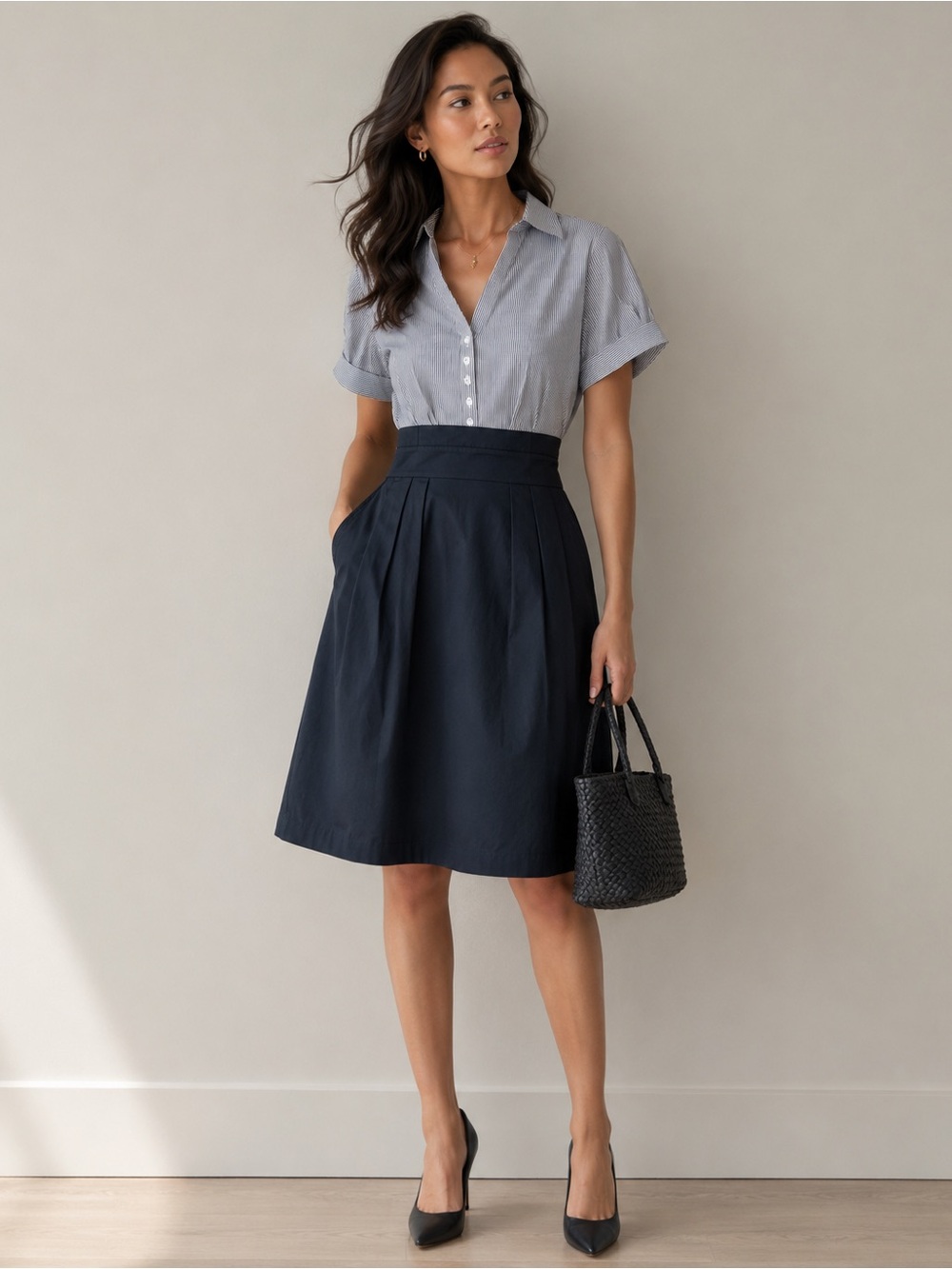 The Limited Black White Pinstripe Shirt Dress‎ Fit & Flare Size 6